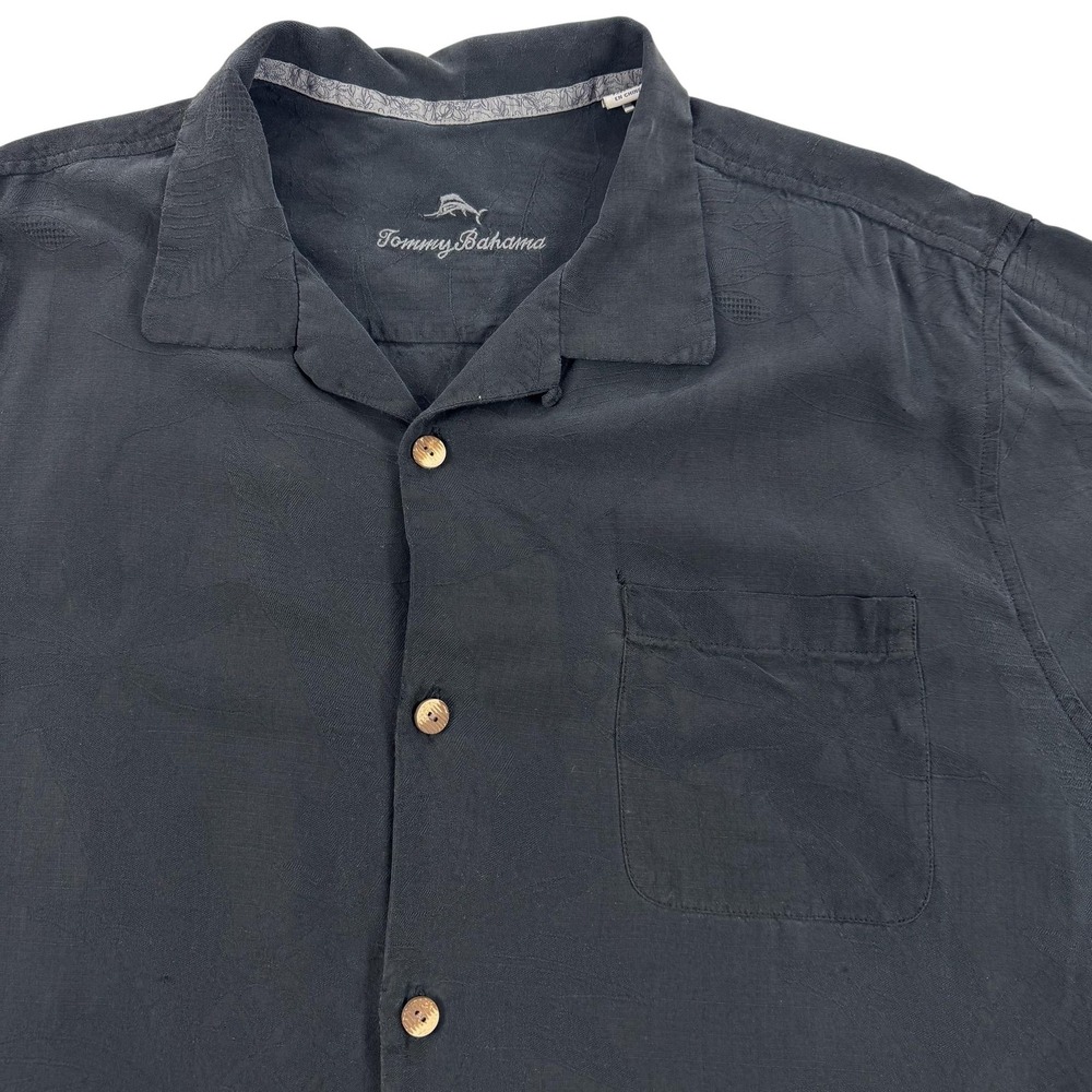Tommy Bahama Shirt Mens XL Black Silk Palm Jacquard Short Sleeve Camp Beach